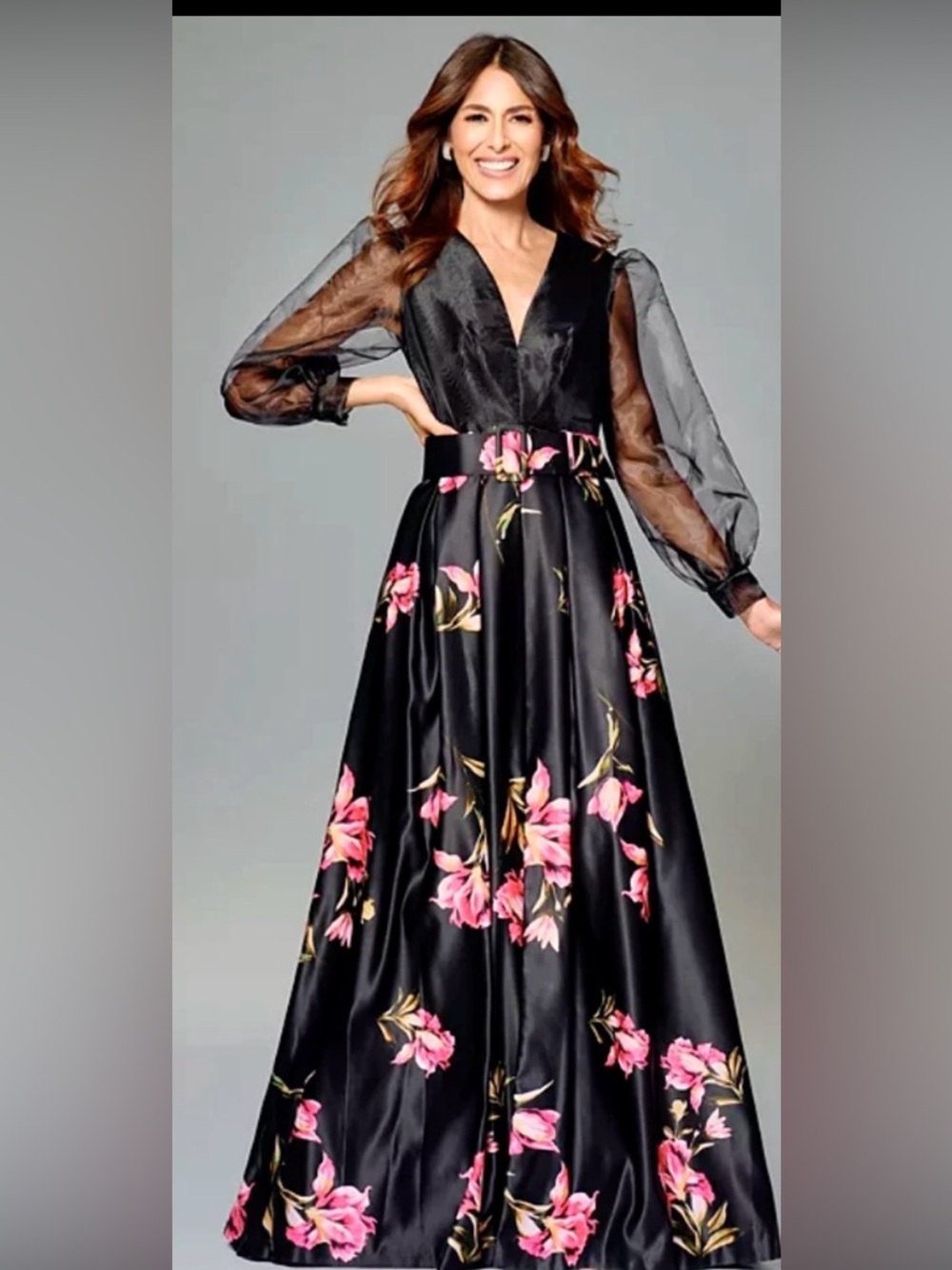 Betsy & Adam Black Maxi Dress with Pink Floral Print